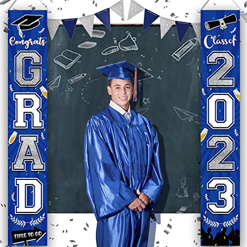 2023 Graduation Porch Sign Banner, Navy Blue and Silver Graduations Porch Sign Door Banner Class of 2023 Congrats Grad Hanging Banner Flag for High School and College Graduation Party Decorations