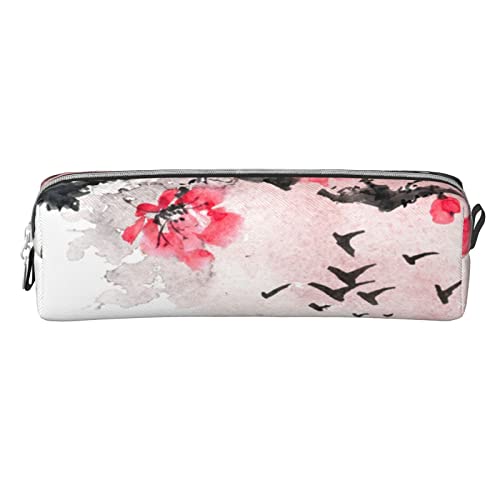 allgobee Pu Leather Pencil Bag Pen Case Watercolor-Painted-City-Chinese Students Stationery Pouch Pencil Holder Desk Organizer