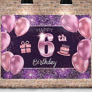 pakboom happy 6th birthday banner backdrop – 6 birthday party decorations supplies for girl – pink purple gold 4 x 6ft