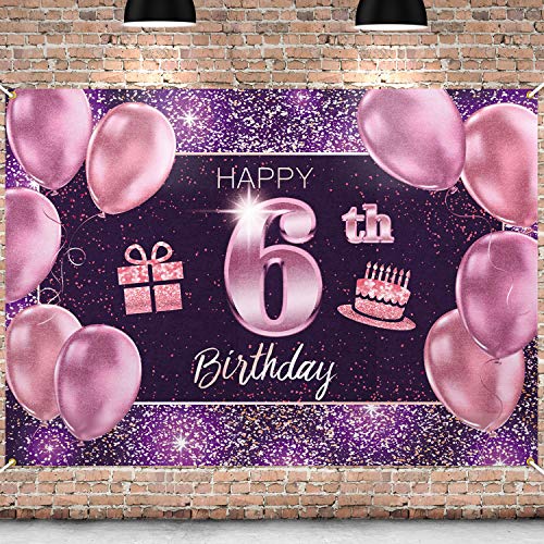 PAKBOOM Happy 6th Birthday Banner Backdrop - 6 Birthday Party Decorations Supplies for Girl - Pink Purple Gold 4 x 6ft