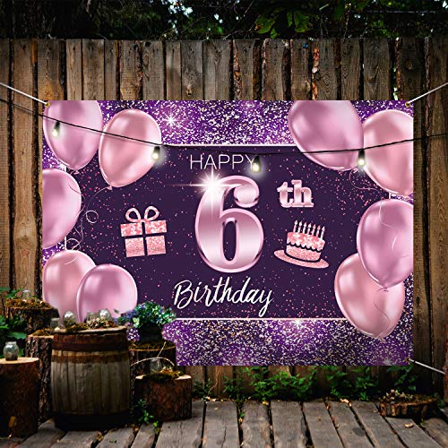 PAKBOOM Happy 6th Birthday Banner Backdrop - 6 Birthday Party Decorations Supplies for Girl - Pink Purple Gold 4 x 6ft