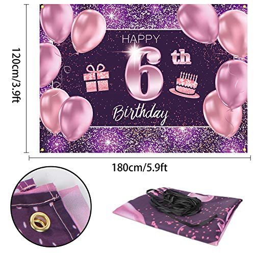 PAKBOOM Happy 6th Birthday Banner Backdrop - 6 Birthday Party Decorations Supplies for Girl - Pink Purple Gold 4 x 6ft