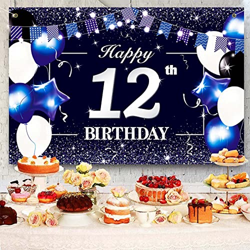 P.G Collin Happy 12th Birthday Banner Backdrop Sign Background 12 Birthday Party Decorations Supplies for Boys Kids 6 x 4ft Blue Purple Blue White 12