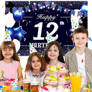 P.G Collin Happy 12th Birthday Banner Backdrop Sign Background 12 Birthday Party Decorations Supplies for Boys Kids 6 x 4ft Blue Purple Blue White 12