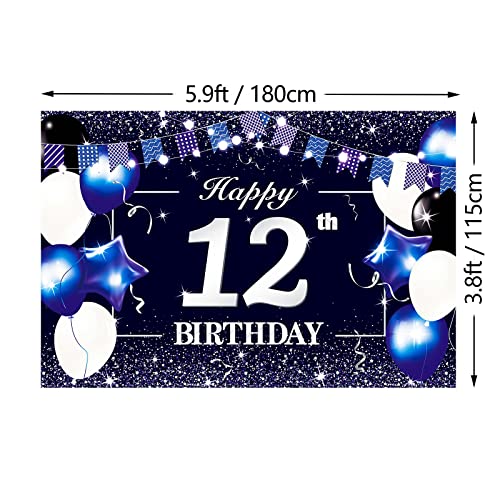 P.G Collin Happy 12th Birthday Banner Backdrop Sign Background 12 Birthday Party Decorations Supplies for Boys Kids 6 x 4ft Blue Purple Blue White 12