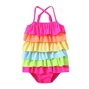 infant toddler girl swimsuit rainbow colorful romper sleeveless bathing suit braces ruched summer one piece set (rainbow, 4-5t)