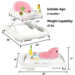 Kinder King 3 in 1 Folding Baby Walker, Activity Walker for Boys Girls, Learning-Seated, Toddler Walk-Behind w/Music Toys, Adjustable Height & Speed, Safety Bumper, Infant Walker Anti-Rollover, Pink