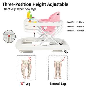 Kinder King 3 in 1 Folding Baby Walker, Activity Walker for Boys Girls, Learning-Seated, Toddler Walk-Behind w/Music Toys, Adjustable Height & Speed, Safety Bumper, Infant Walker Anti-Rollover, Pink