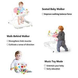 Kinder King 3 in 1 Folding Baby Walker, Activity Walker for Boys Girls, Learning-Seated, Toddler Walk-Behind w/Music Toys, Adjustable Height & Speed, Safety Bumper, Infant Walker Anti-Rollover, Pink