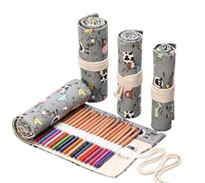 fzbnsrko canvas pencil wrap,colored pencil roll up wrap travel drawing coloring pencil holder organizers with 48 slots for student artist adult(grey cow)