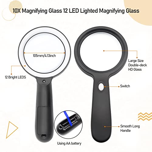 Magnifying Glass with Light, 10X Handheld Large Magnifying Glass 12 LED Illuminated Lighted Magnifier for Macular Degeneration, Seniors Reading, Soldering, Inspection, Coins, Exploring
