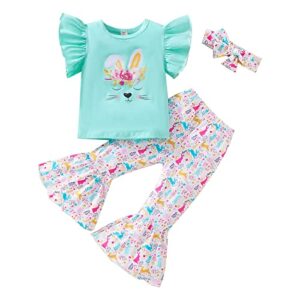 Toddler Girl Easter Clothes Outfits Fly Sleeve Rabbit Shirt Top Colorful Bunny Bell-Bottoms Headband 3Pcs Set (Green Print Rabbit, 18-24 Months)