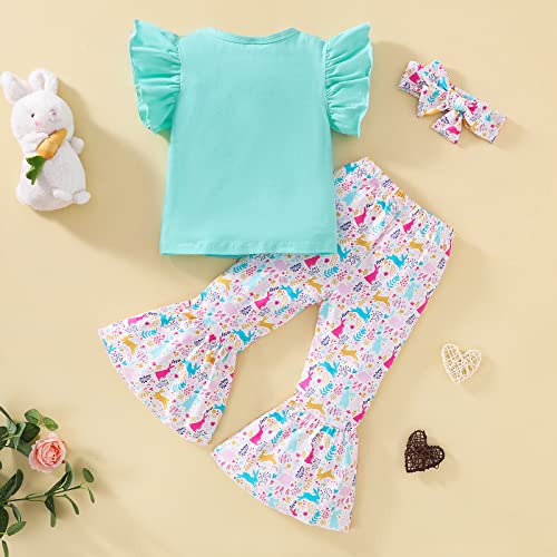 Toddler Girl Easter Clothes Outfits Fly Sleeve Rabbit Shirt Top Colorful Bunny Bell-Bottoms Headband 3Pcs Set (Green Print Rabbit, 18-24 Months)