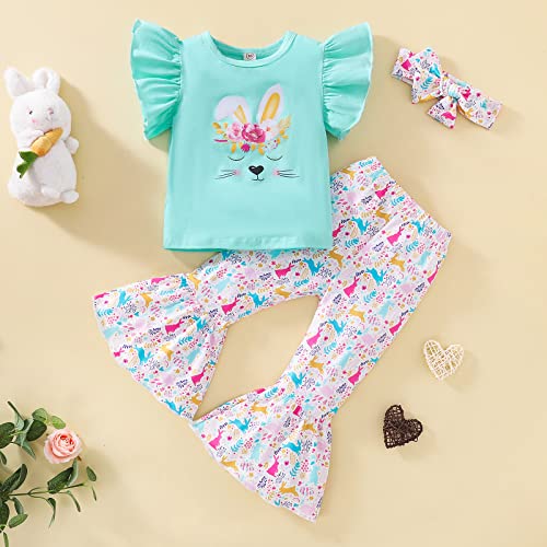 Toddler Girl Easter Clothes Outfits Fly Sleeve Rabbit Shirt Top Colorful Bunny Bell-Bottoms Headband 3Pcs Set (Green Print Rabbit, 18-24 Months)