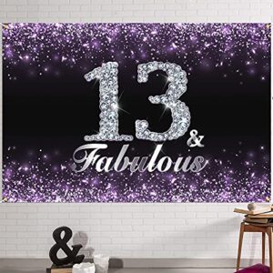 hamigar 6x4ft happy 13th birthday banner backdrop – 13 & fabulous birthday decorations party supplies for girls – purple