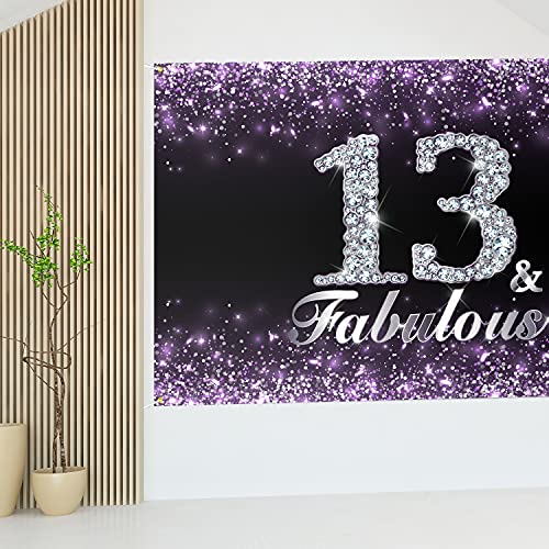 HAMIGAR 6x4ft Happy 13th Birthday Banner Backdrop - 13 & Fabulous Birthday Decorations Party Supplies for Girls - Purple