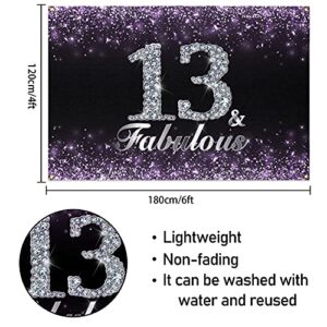 HAMIGAR 6x4ft Happy 13th Birthday Banner Backdrop - 13 & Fabulous Birthday Decorations Party Supplies for Girls - Purple