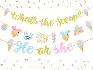 what’s the scoop decoration set – gold glitter what’s the scoop banner, he or she banner garland and 8 pieces ice creme garland for ice cream theme gender reveal party decorations