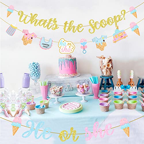 What's The Scoop Decoration Set - Gold Glitter What's The Scoop Banner, He or She Banner Garland and 8 Pieces Ice Creme Garland for Ice Cream Theme Gender Reveal Party Decorations