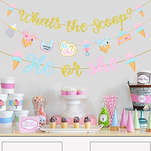 What's The Scoop Decoration Set - Gold Glitter What's The Scoop Banner, He or She Banner Garland and 8 Pieces Ice Creme Garland for Ice Cream Theme Gender Reveal Party Decorations