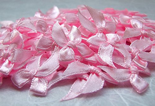 ICRAFY 100 Tiny Light Pink Satin Ribbon Bows Sweet Mini Embellishment Craft Artificial Applique Wedding Ribbon Width 7 mm.