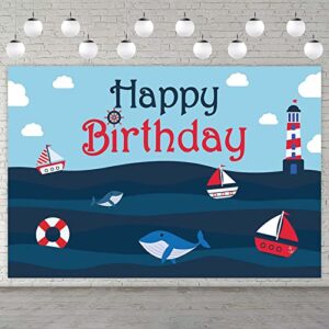 nautical happy birthday banner backdrop whale sailboat ocean sailing theme decorations decor for 1st birthday party baby shower retirement supplies favors photo booth props background