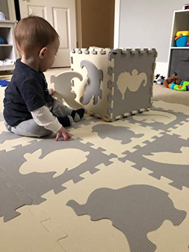 Baby Play Mat with Fence, Animals, and Foam Tiles. Tummy time mat, Playmat for Kids, Toddlers, Infants. Activity Center, Ball Pit Gym Floor playpen. 57"x 57", Over 74" Across!