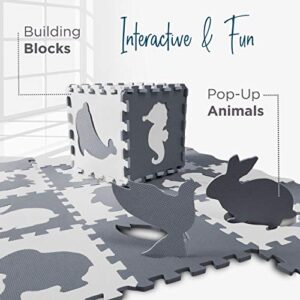 Baby Play Mat with Fence, Animals, and Foam Tiles. Tummy time mat, Playmat for Kids, Toddlers, Infants. Activity Center, Ball Pit Gym Floor playpen. 57"x 57", Over 74" Across!