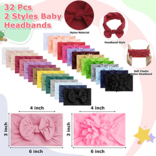 WILLBOND 32 Pcs Baby girls Headbands 2 Styles cute Baby Hairbands with Bows Chiffon Flower Soft Elastic Nylon Baby Bows Hair Accessories for Baby Girls Newborns Infants Toddlers