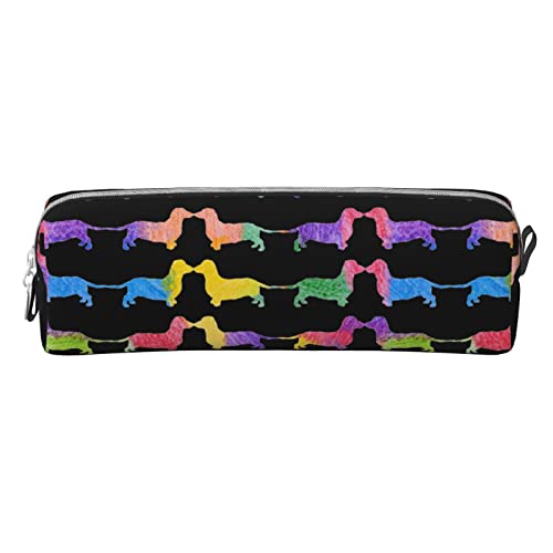 allgobee Pu Leather Pencil Bag Pen Case Watercolor-Daschund-Dog Students Stationery Pouch Pencil Holder Desk Organizer