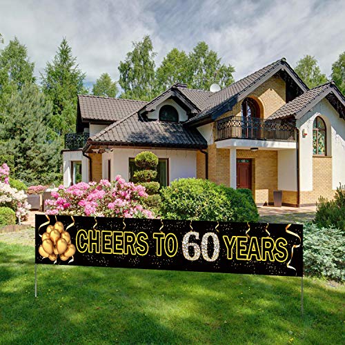 Large Cheers to 60 Years Banner, Black Gold 60 Anniversary Party Sign, 60th Happy Birthday Banner(9.8feet X 1.6feet)