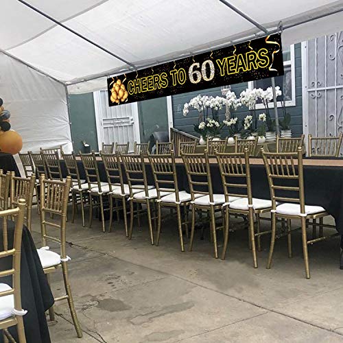 Large Cheers to 60 Years Banner, Black Gold 60 Anniversary Party Sign, 60th Happy Birthday Banner(9.8feet X 1.6feet)