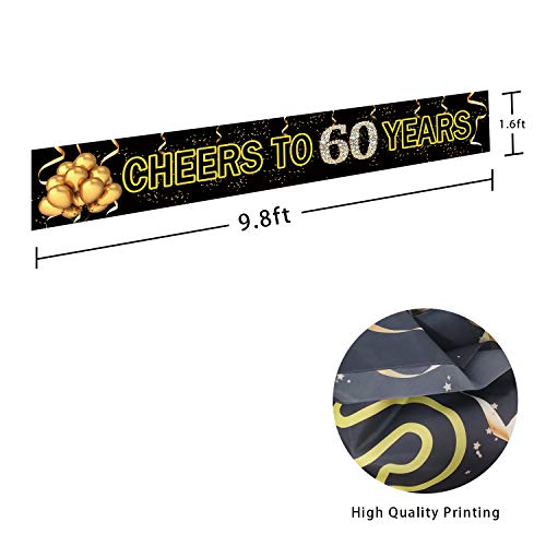 Large Cheers to 60 Years Banner, Black Gold 60 Anniversary Party Sign, 60th Happy Birthday Banner(9.8feet X 1.6feet)