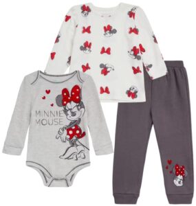 disney baby girls’ jogger set – 3 piece bodysuit, long sleeve shirt fleece pant set: minnie mouse, winnie the pooh (0-4t), size 3t, minnie red/charcoal