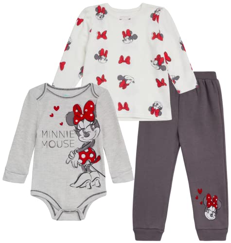 Disney Baby Girls' Jogger Set - 3 Piece Bodysuit, Long Sleeve Shirt Fleece Pant Set: Minnie Mouse, Winnie the Pooh (0-4T), Size 3T, Minnie Red/Charcoal