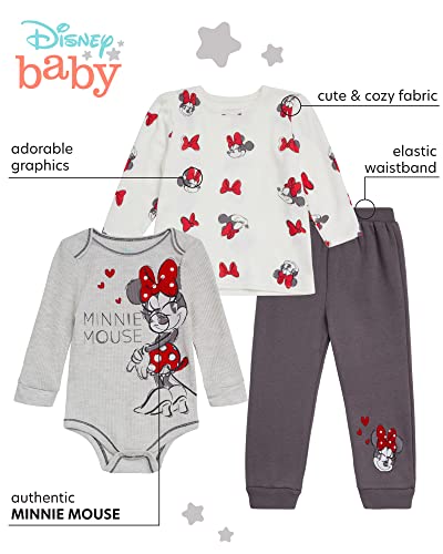 Disney Baby Girls' Jogger Set - 3 Piece Bodysuit, Long Sleeve Shirt Fleece Pant Set: Minnie Mouse, Winnie the Pooh (0-4T), Size 3T, Minnie Red/Charcoal