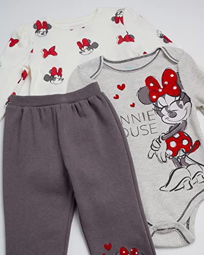 Disney Baby Girls' Jogger Set - 3 Piece Bodysuit, Long Sleeve Shirt Fleece Pant Set: Minnie Mouse, Winnie the Pooh (0-4T), Size 3T, Minnie Red/Charcoal