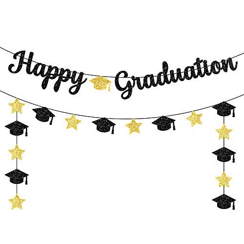 Glitter, Happy Graduation Banner - 10 Feet Cap Garland, No DIY | Graduation Banner Black, Gold for Graduation Party Decorations 2023 | Black and Gold Graduation Decorations, Class of 2023 Decorations