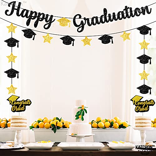 Glitter, Happy Graduation Banner - 10 Feet Cap Garland, No DIY | Graduation Banner Black, Gold for Graduation Party Decorations 2023 | Black and Gold Graduation Decorations, Class of 2023 Decorations