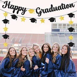 Glitter, Happy Graduation Banner - 10 Feet Cap Garland, No DIY | Graduation Banner Black, Gold for Graduation Party Decorations 2023 | Black and Gold Graduation Decorations, Class of 2023 Decorations