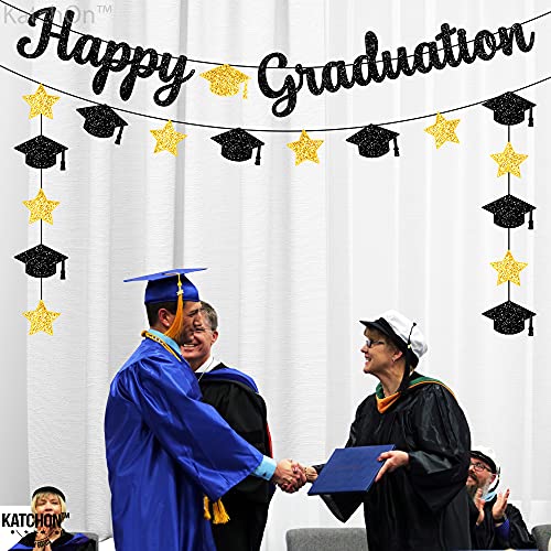 Glitter, Happy Graduation Banner - 10 Feet Cap Garland, No DIY | Graduation Banner Black, Gold for Graduation Party Decorations 2023 | Black and Gold Graduation Decorations, Class of 2023 Decorations