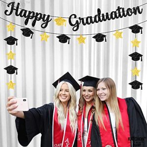 Glitter, Happy Graduation Banner - 10 Feet Cap Garland, No DIY | Graduation Banner Black, Gold for Graduation Party Decorations 2023 | Black and Gold Graduation Decorations, Class of 2023 Decorations