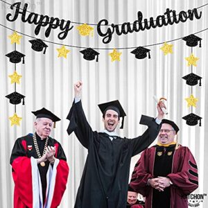 Glitter, Happy Graduation Banner - 10 Feet Cap Garland, No DIY | Graduation Banner Black, Gold for Graduation Party Decorations 2023 | Black and Gold Graduation Decorations, Class of 2023 Decorations