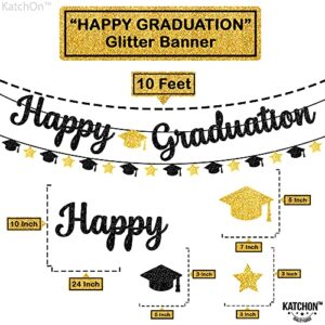 Glitter, Happy Graduation Banner - 10 Feet Cap Garland, No DIY | Graduation Banner Black, Gold for Graduation Party Decorations 2023 | Black and Gold Graduation Decorations, Class of 2023 Decorations