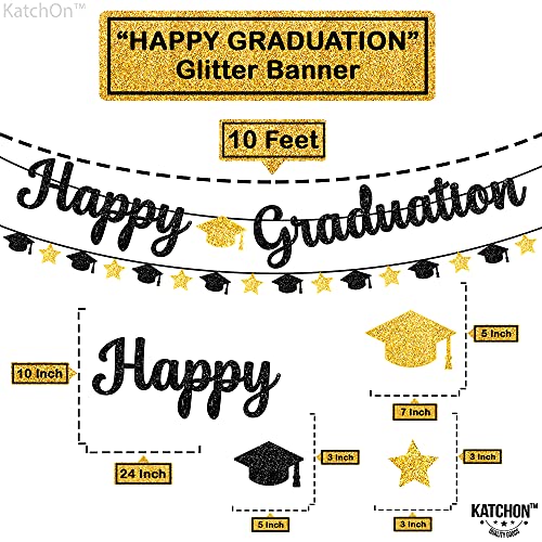 Glitter, Happy Graduation Banner - 10 Feet Cap Garland, No DIY | Graduation Banner Black, Gold for Graduation Party Decorations 2023 | Black and Gold Graduation Decorations, Class of 2023 Decorations