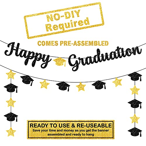 Glitter, Happy Graduation Banner - 10 Feet Cap Garland, No DIY | Graduation Banner Black, Gold for Graduation Party Decorations 2023 | Black and Gold Graduation Decorations, Class of 2023 Decorations