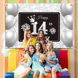 PAKBOOM Happy 14th Birthday Backdrop Banner - 14 Birthday Party Decorations Supplies for Boys Girls - Silver 3.9 x 5.9ft