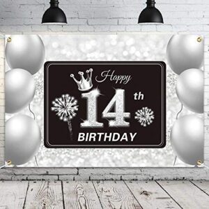 pakboom happy 14th birthday backdrop banner – 14 birthday party decorations supplies for boys girls – silver 3.9 x 5.9ft