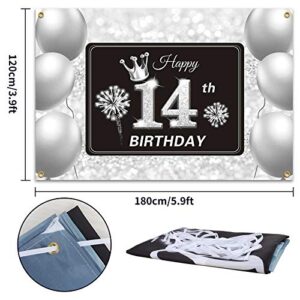 PAKBOOM Happy 14th Birthday Backdrop Banner - 14 Birthday Party Decorations Supplies for Boys Girls - Silver 3.9 x 5.9ft