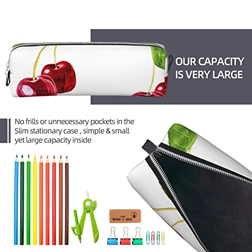 allgobee Pu Leather Pencil Bag Pen Case Watercolor-Cherries-Red-Berries Students Stationery Pouch Pencil Holder Desk Organizer